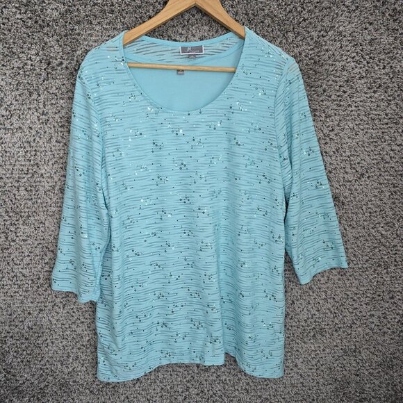 JM Collection Top Womens Plus 1X‎ Blue Scoop Neck Blouse Sequin Attached Tank - Picture 1 of 7
